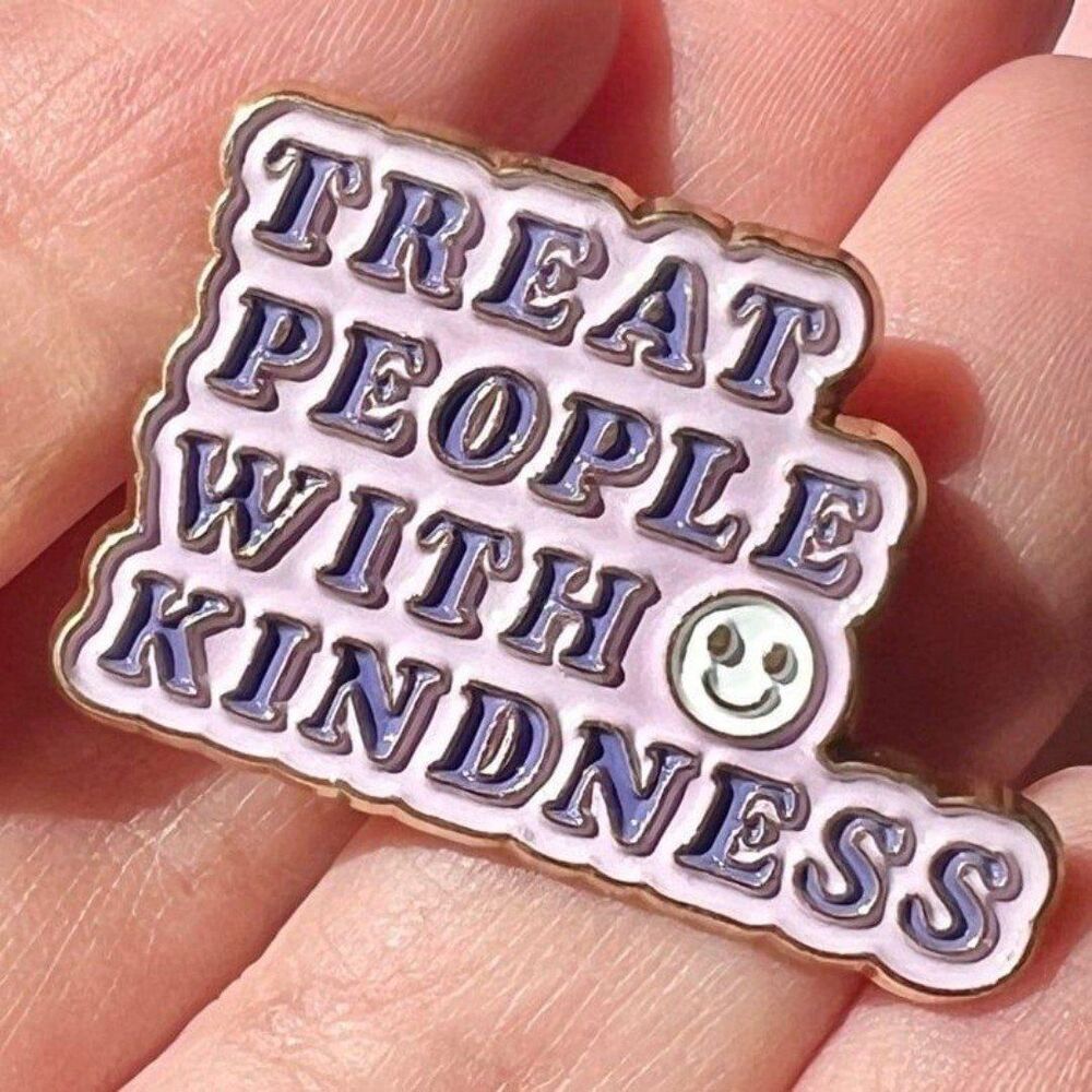 Treat people with kindness purple y2k bubble letter enamel pin